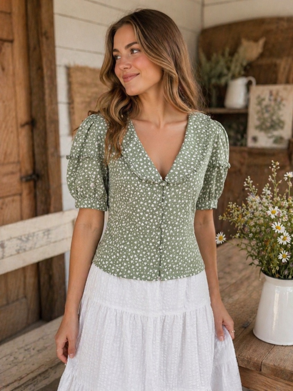 Sage Green Puff Sleeve V-Neck Blouse